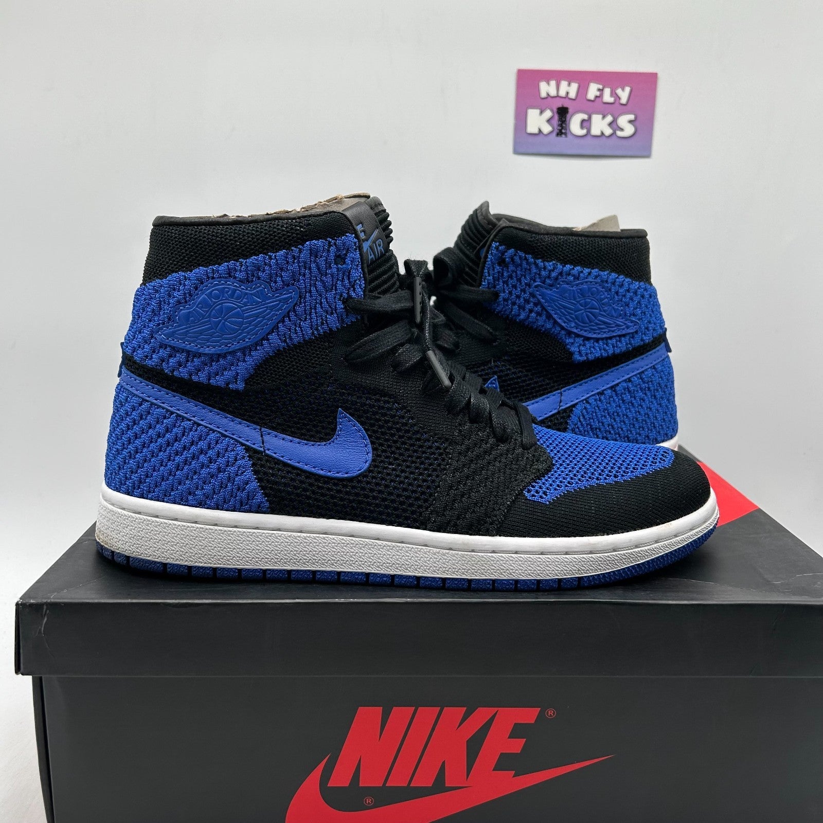 Size 7.5 Air Jordan 1 Retro High OG Flyknit Black/Game Royal-White